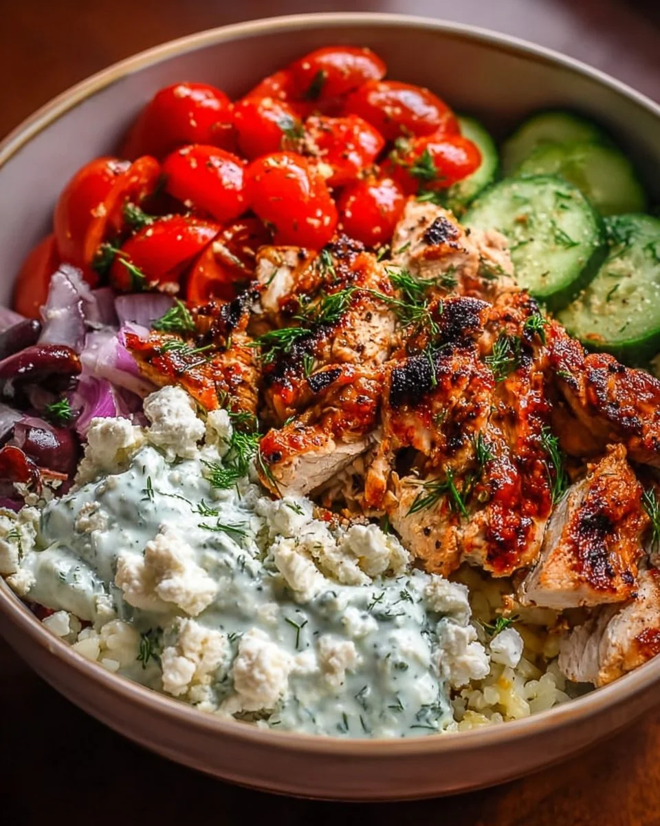 Delicious Greek Chicken Bowl with fresh vegetables and feta cheese