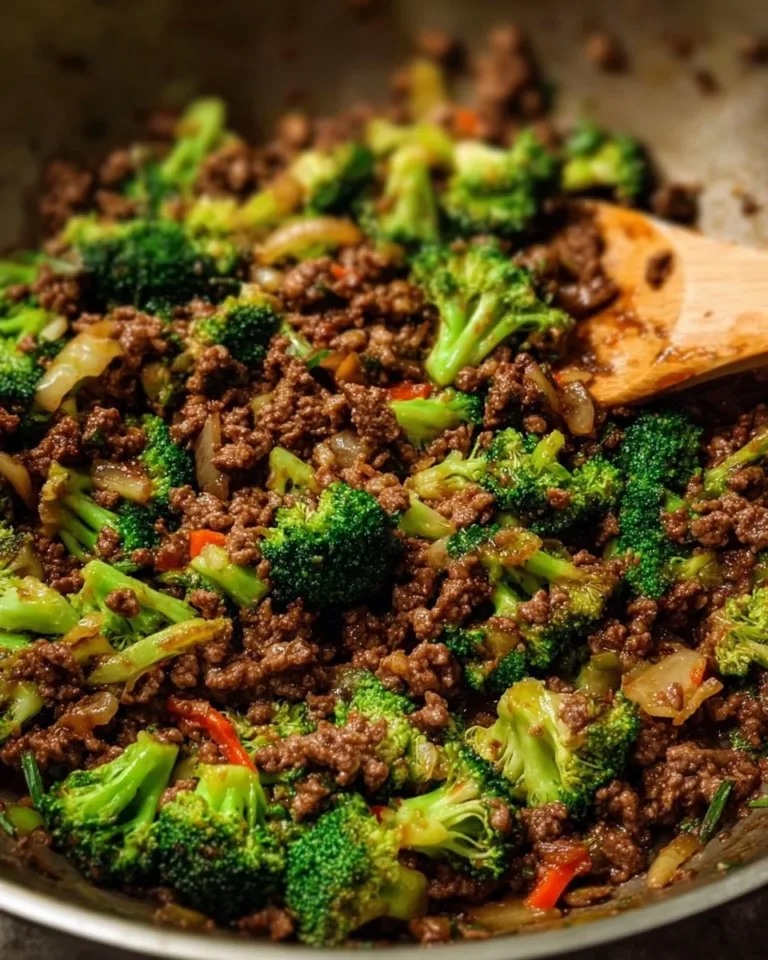 Ground Beef and Broccoli dish served in a bowl with vegetables