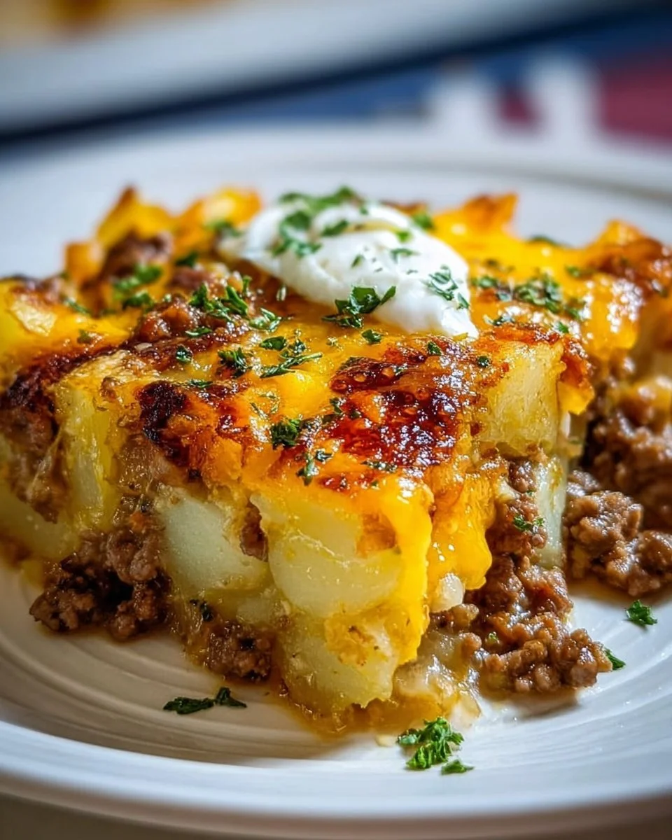 Ground Beef and Potatoes Casserole topped with cheese in a baking dish