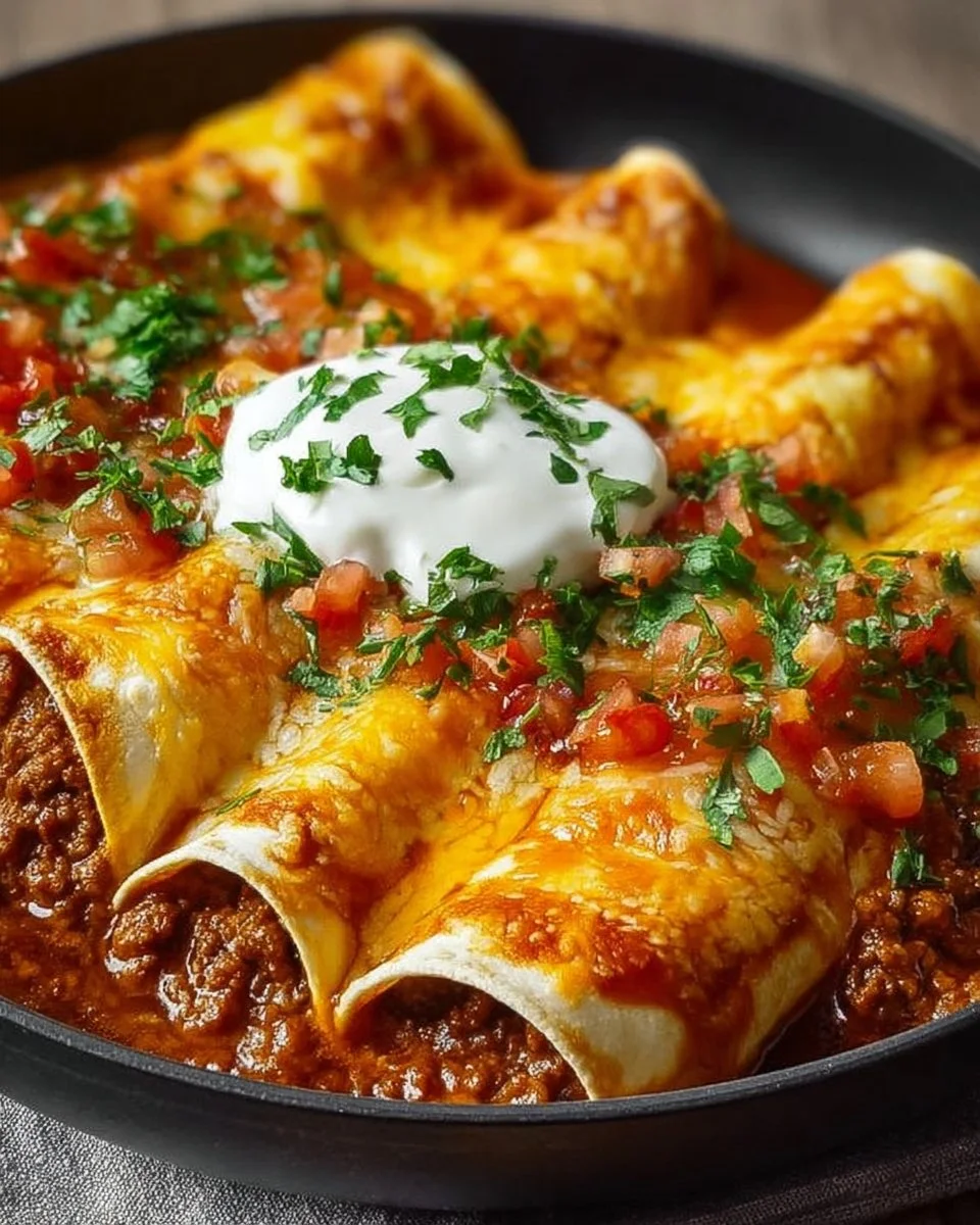 Plate of delicious ground beef enchiladas topped with cheese and salsa