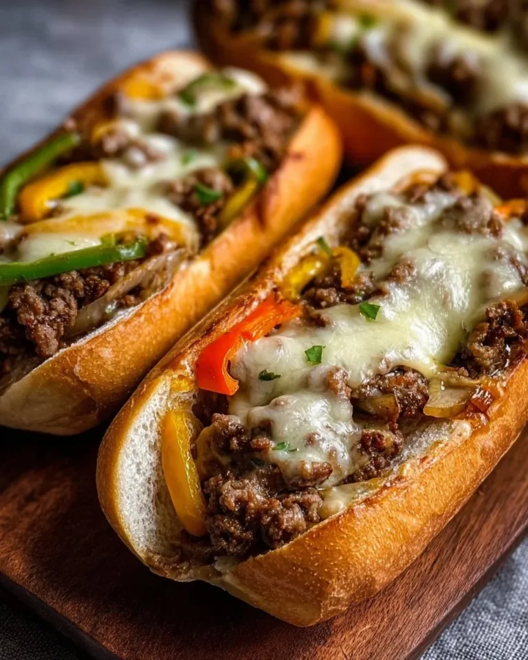 Delicious ground beef Philly cheesesteak sandwich with melted cheese and fresh veggies