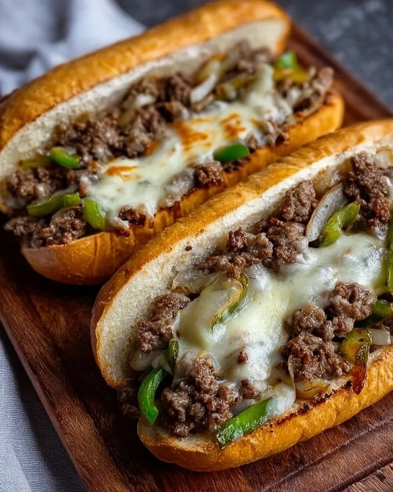 Delicious Ground Beef Philly Cheesesteaks served with melted cheese and toppings