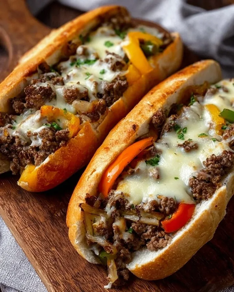 Ground Beef Philly Cheesesteaks with melted cheese and peppers on a roll