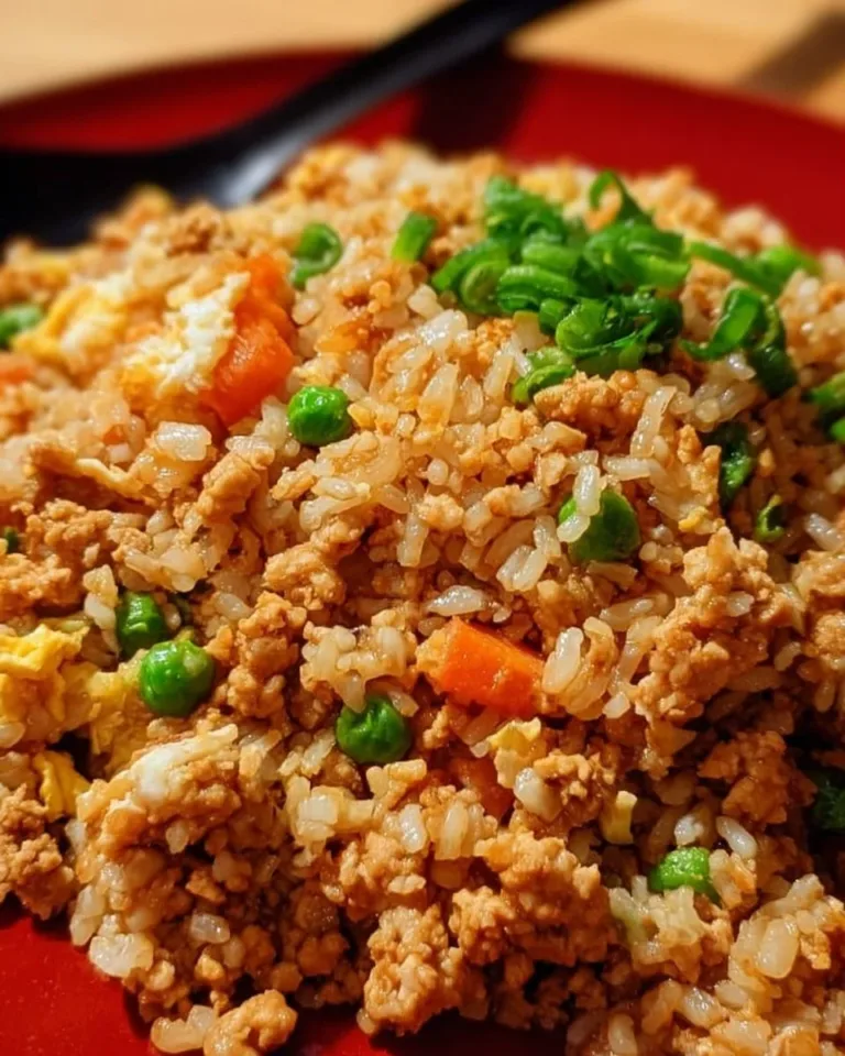Plate of ground chicken fried rice garnished with vegetables