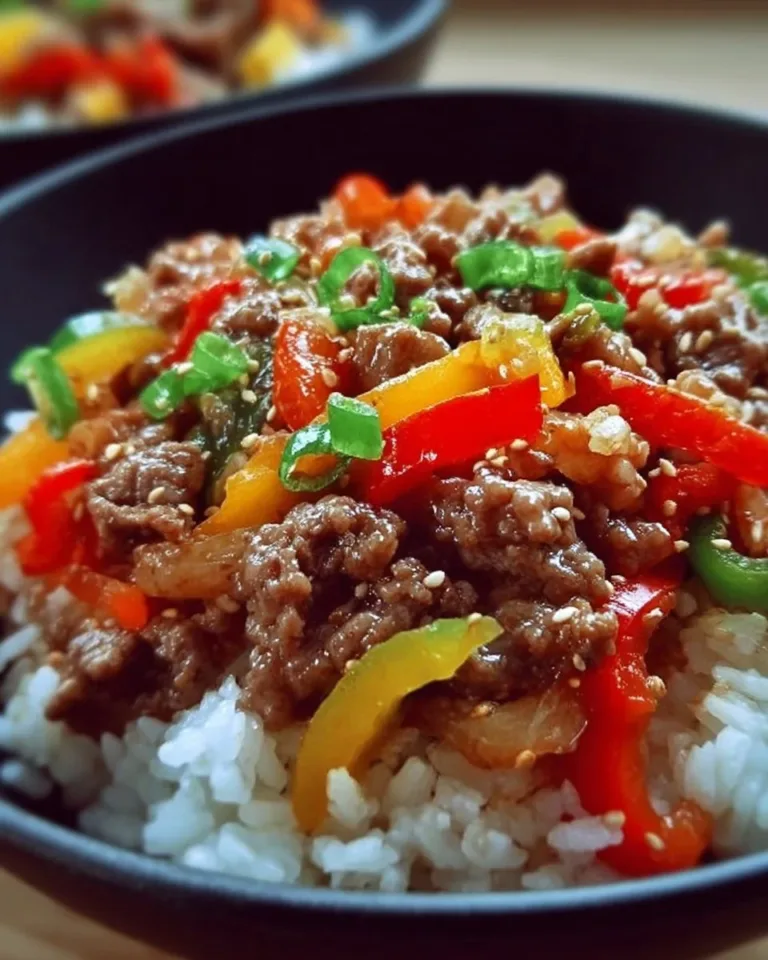 Healthy Beef and Pepper Rice Bowl served in a bowl with colorful peppers and beef