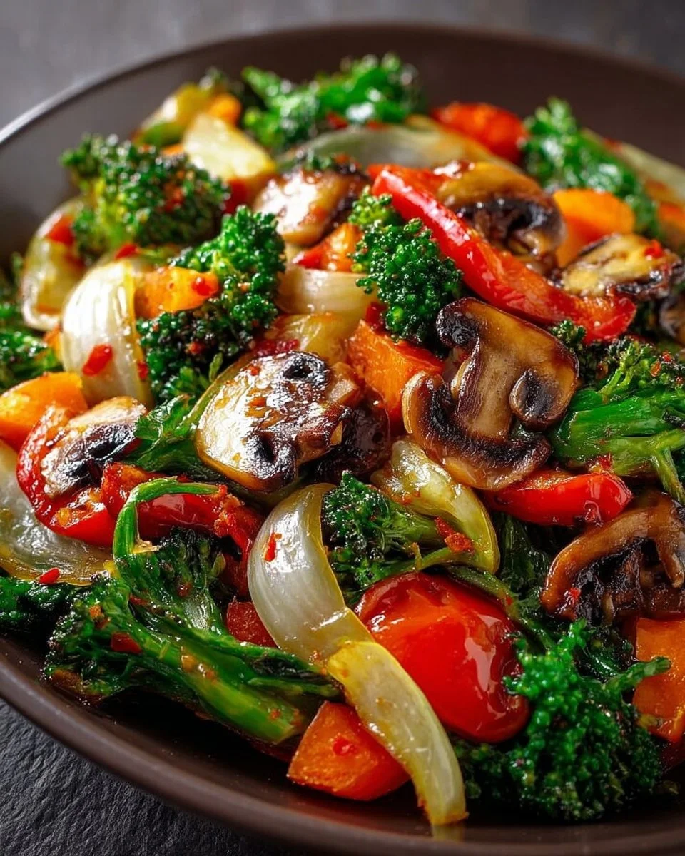 Plate of colorful sautéed vegetables with garlic and herbs