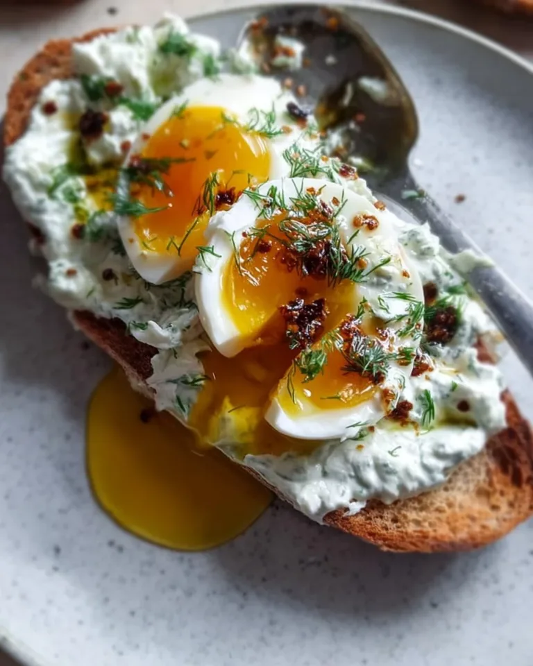Herbed Greek yogurt with smashed eggs served on a plate.