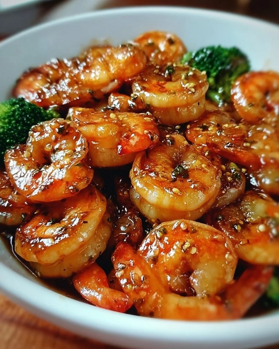Plate of high-protein honey garlic shrimp served with vegetables