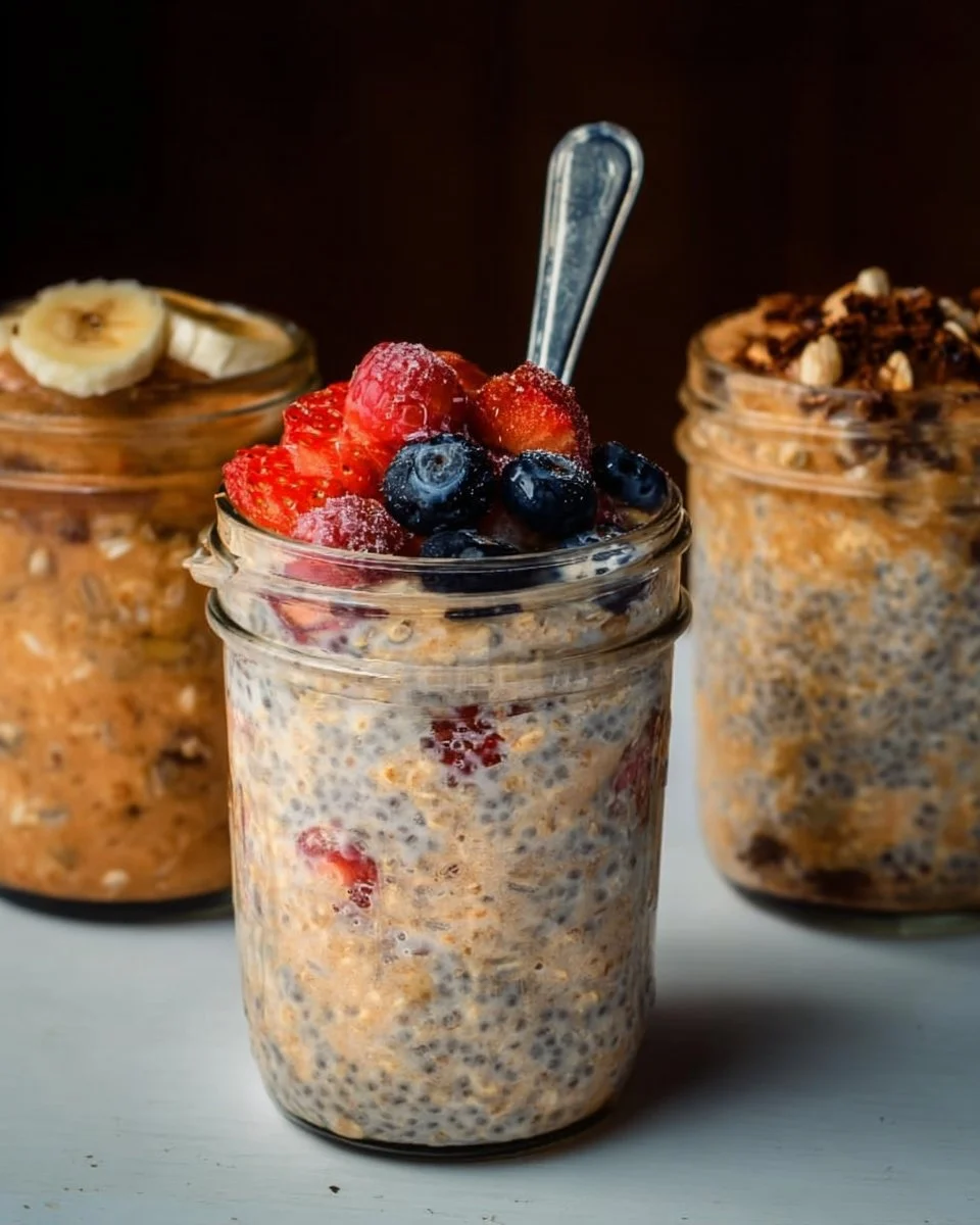 Bowl of high-protein overnight oats topped with fruits and nuts