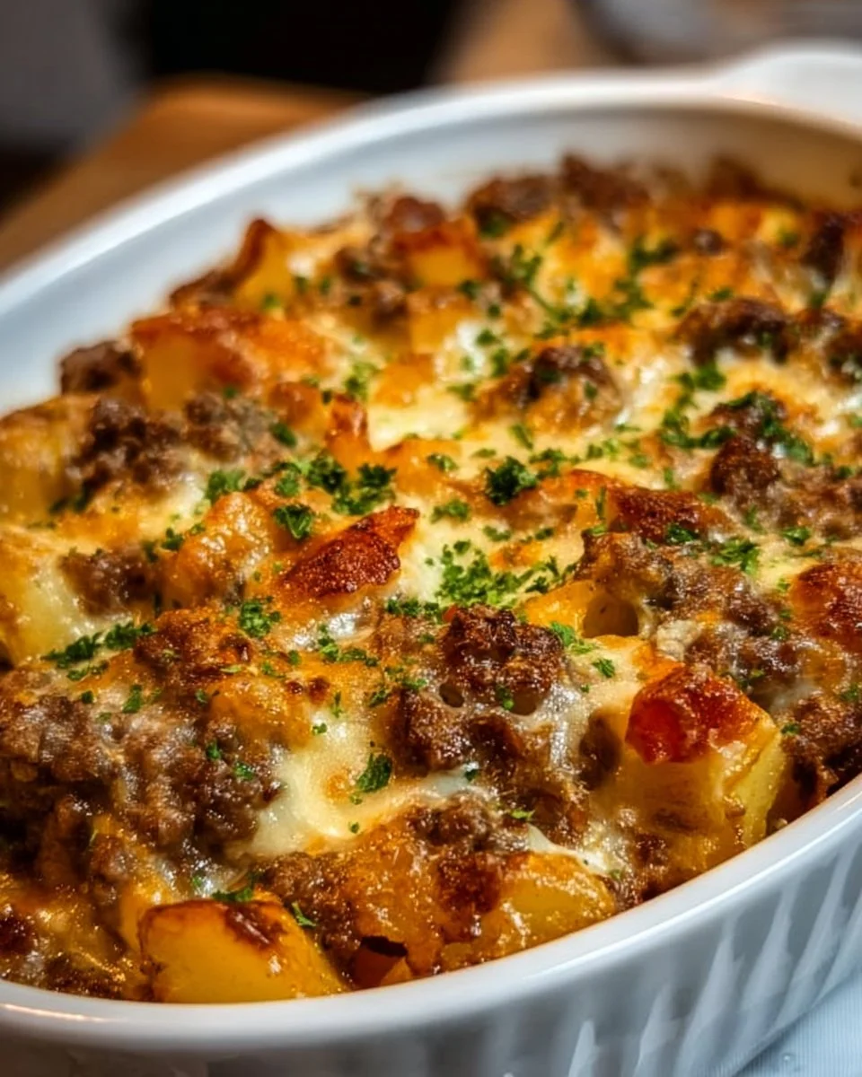 Delicious hobo casserole dish with meat and vegetables baked to perfection