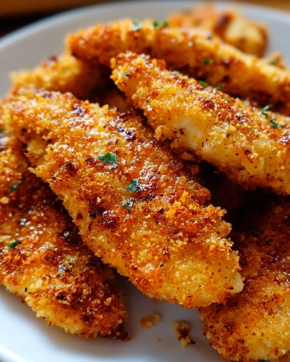 Plate of homemade baked chicken tenders served with dipping sauce.
