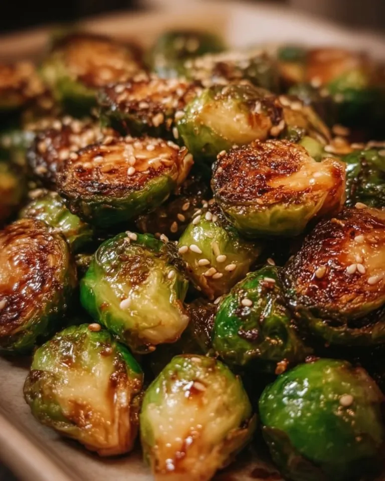 Delicious Honey Garlic Roasted Brussels Sprouts on a serving platter
