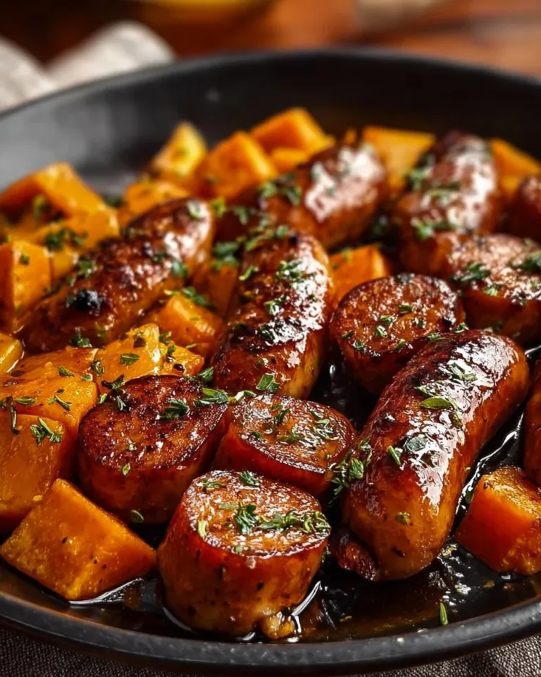 Honey Garlic Sausage served with roasted sweet potatoes on a plate