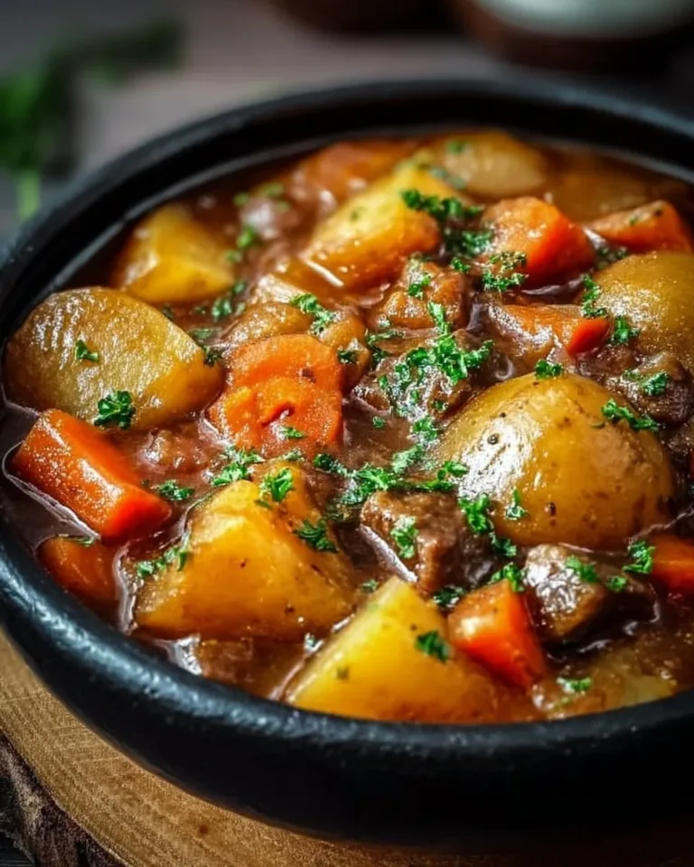 A bowl of hearty Irish Vegetarian Stew filled with colorful vegetables and herbs.