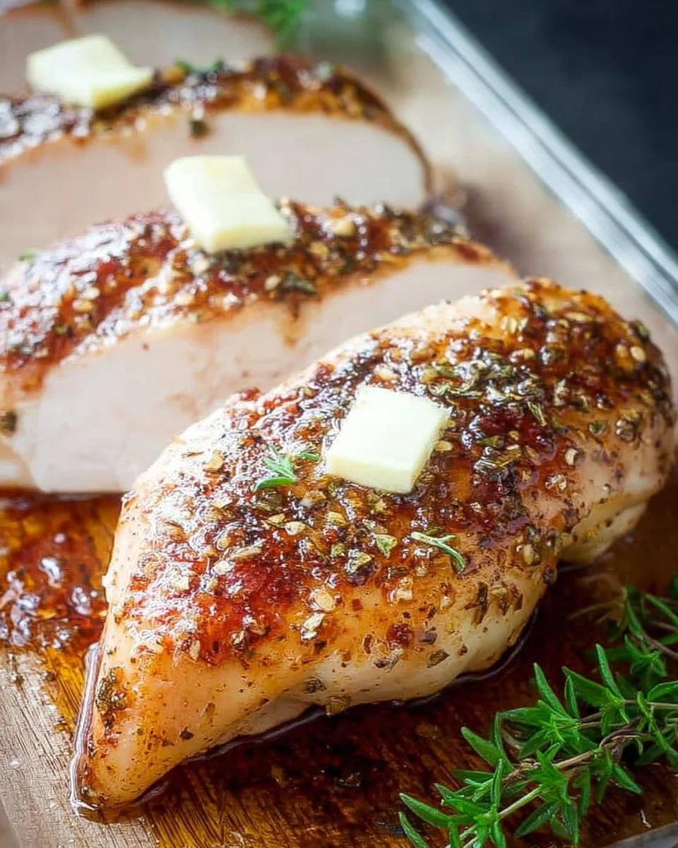 Juicy baked chicken breast on a plate, garnished with herbs