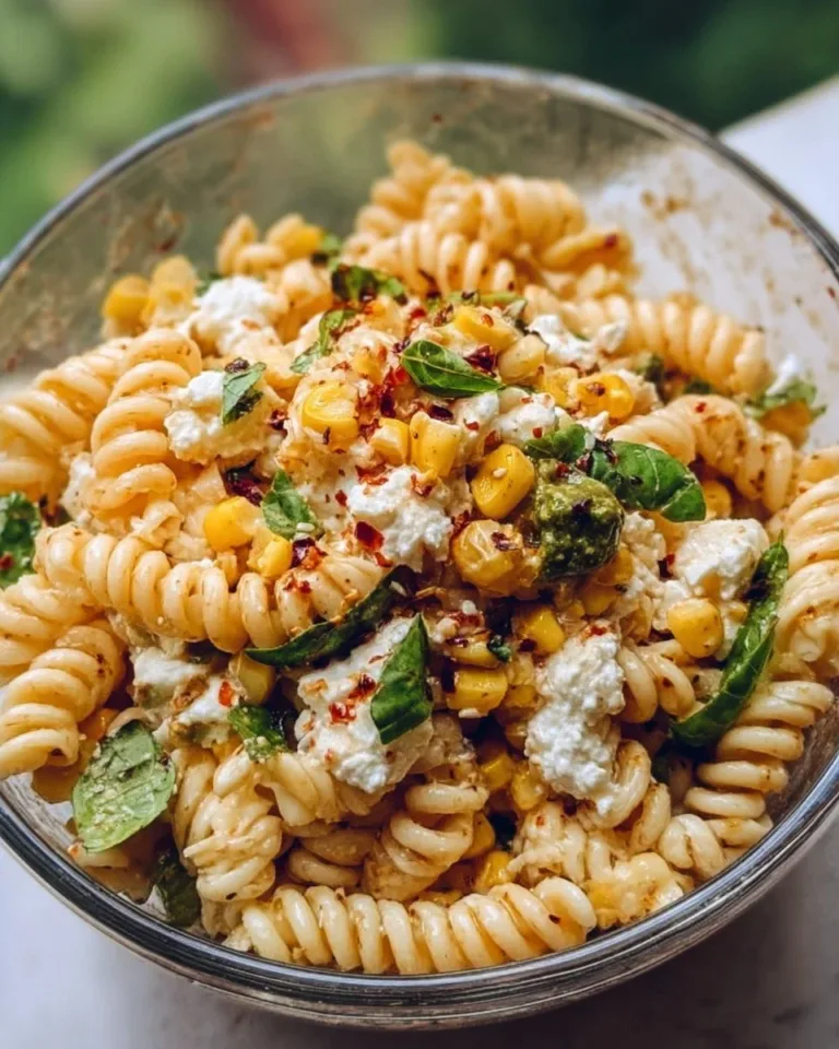 Juicy street corn pasta salad with fresh ingredients and vibrant colors.