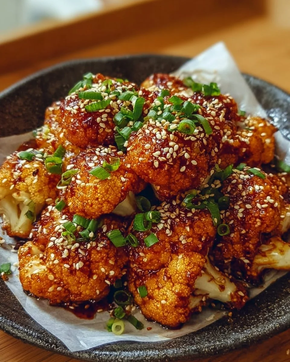 Korean baked cauliflower served in a bowl topped with sesame seeds and green onions.