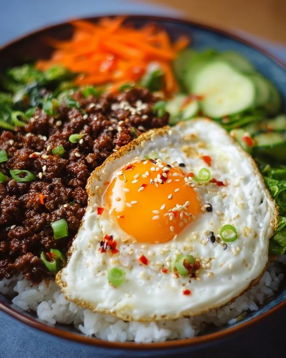 Korean Ground Beef Bowl topped with fresh vegetables and served in a bowl
