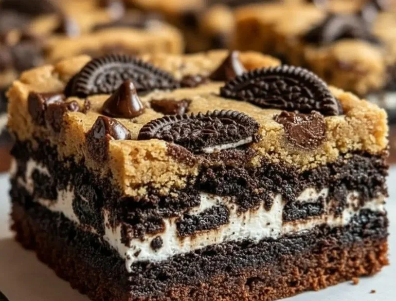 Delicious layered brownies with cookie dough and Oreos stacked on a plate