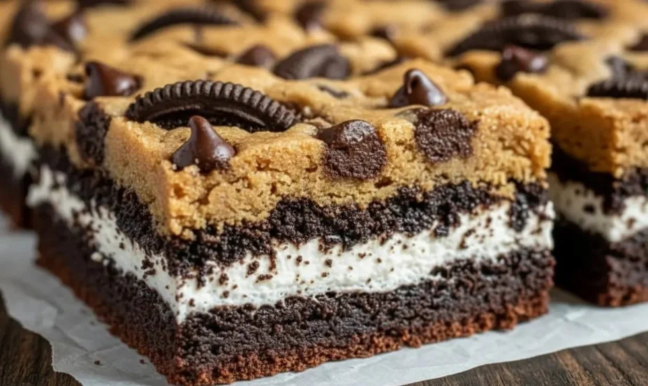 Layered Brownies with Cookie Dough and Oreos