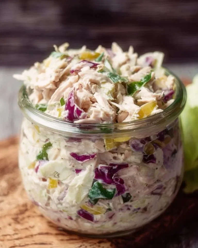 A bowl of low carb chicken salad with fresh veggies and a creamy dressing.