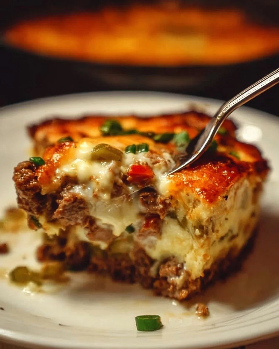 Delicious Low Carb Philly Cheesesteak Casserole served in a dish