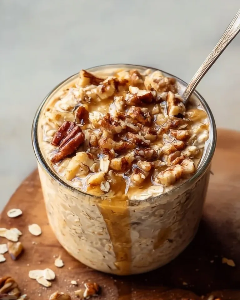 Delicious Maple Brown Sugar Overnight Oats in a jar topped with fresh fruit.