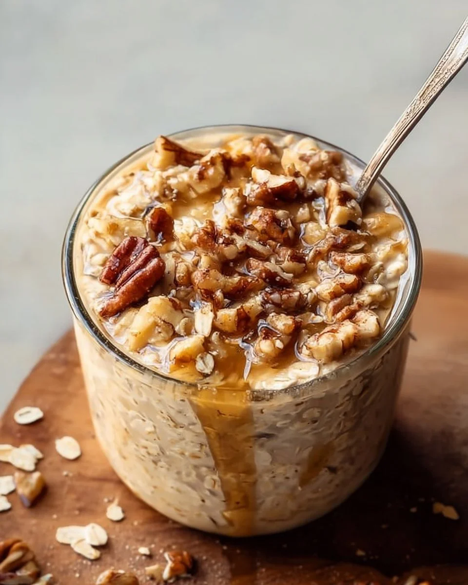 Delicious Maple Brown Sugar Overnight Oats in a jar topped with fresh fruit.