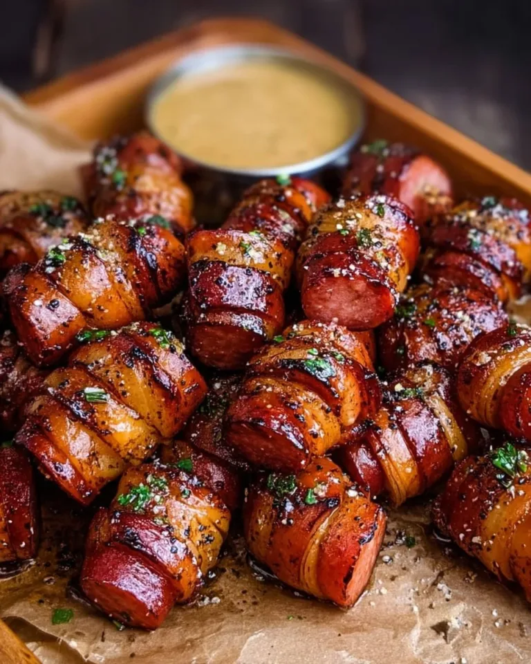 Mustard Hasselback Kielbasa Bites served on a plate with garnish