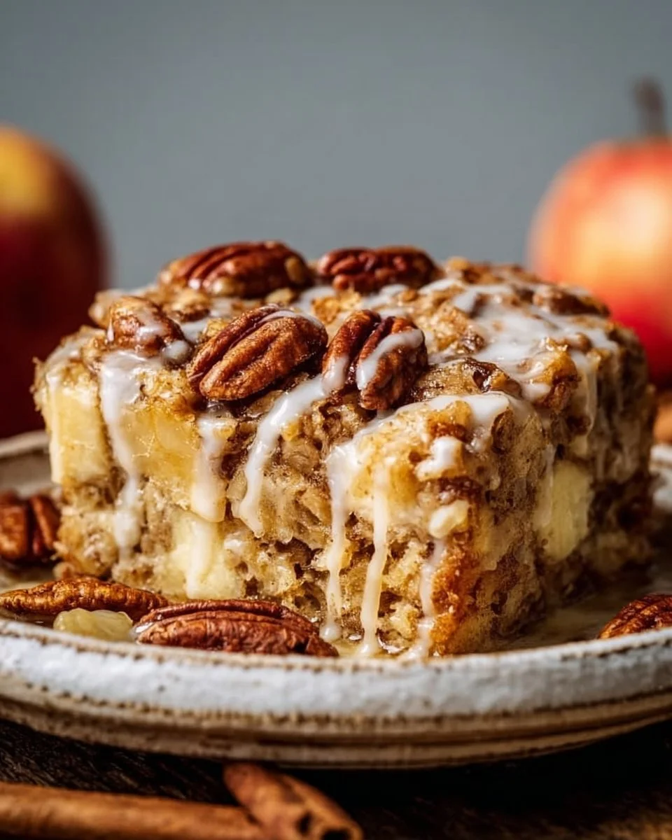Oatmeal Apple Breakfast Bake topped with fresh apples and cinnamon in a baking dish.