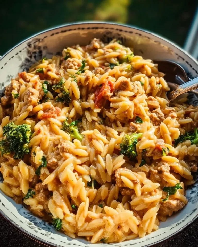 One-Pot Ground Turkey Orzo in a bowl with vegetables