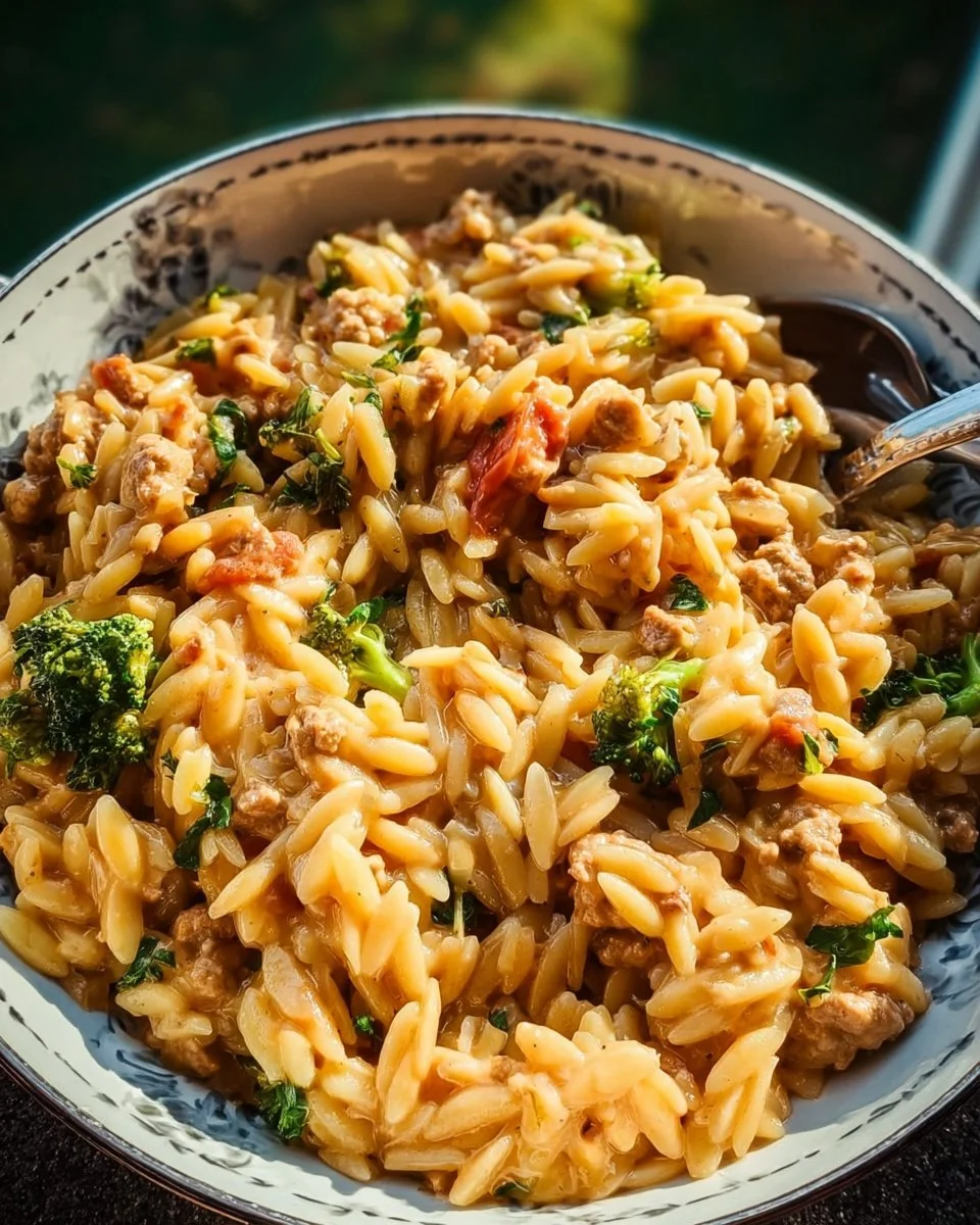 One-Pot Ground Turkey Orzo in a bowl with vegetables