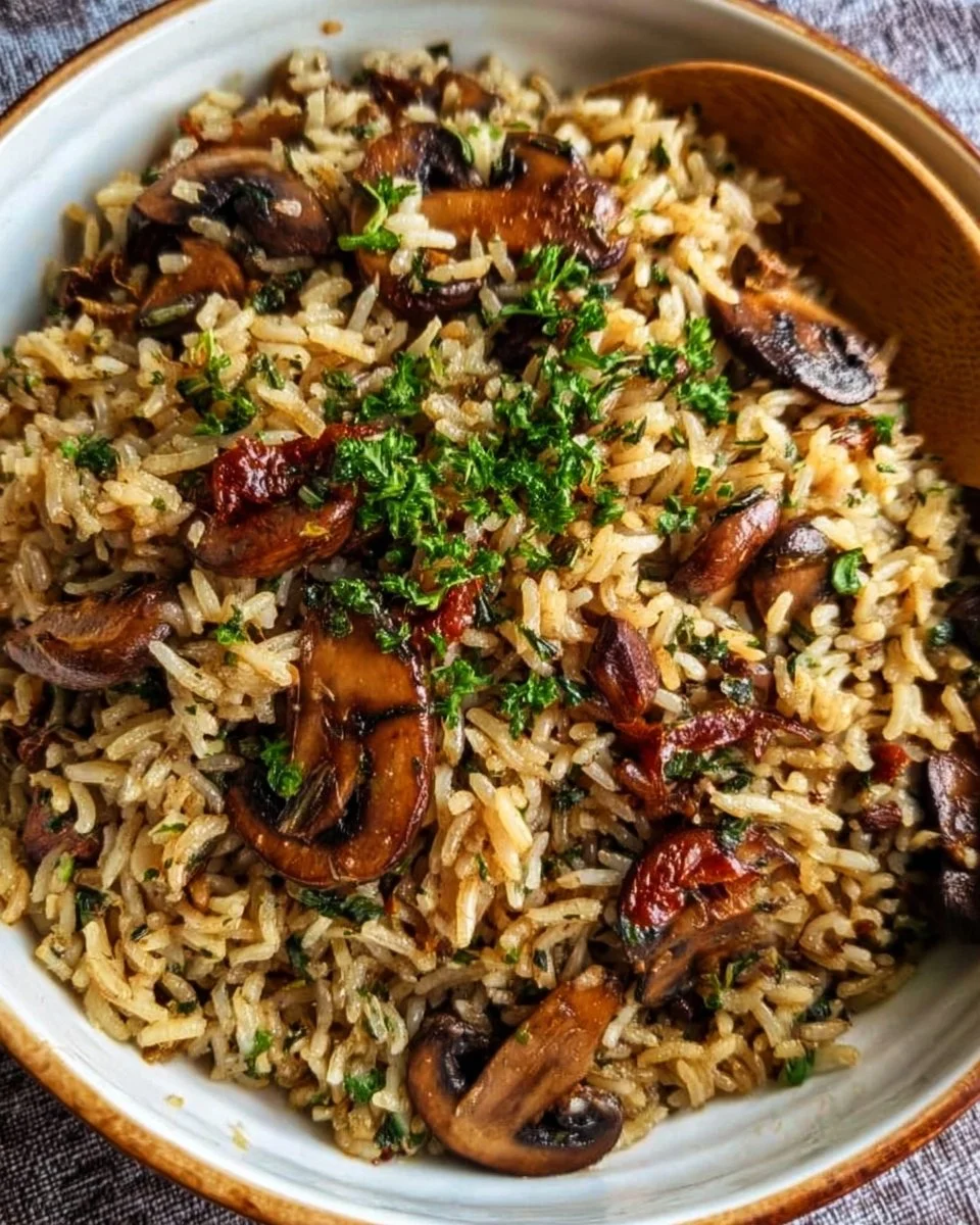 Delicious one pot mushroom rice dish served in a bowl