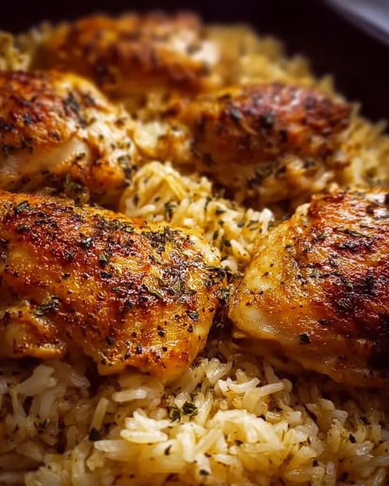Oven Baked Chicken served with rice on a plate, garnished with herbs