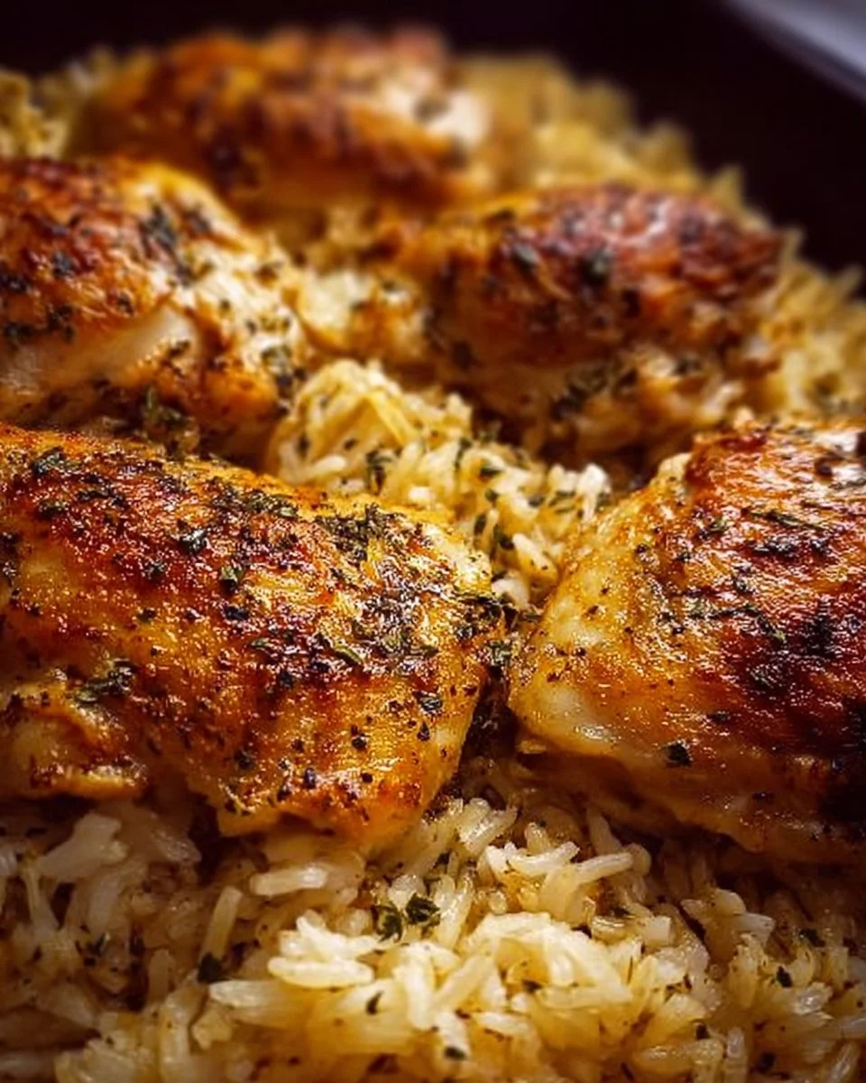 Oven Baked Chicken served with rice on a plate, garnished with herbs