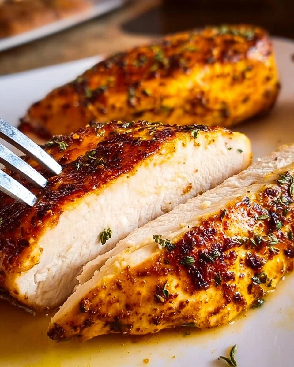 Succulent oven baked chicken breast garnished with herbs and spices