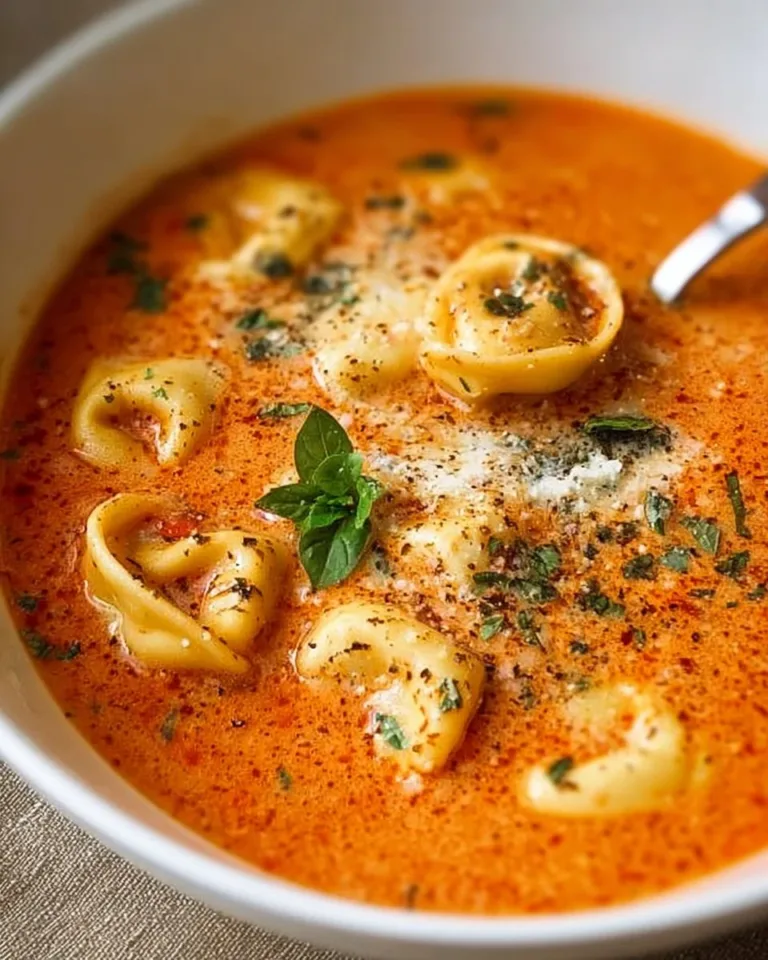 Bowl of Parmesan Tomato Tortellini Soup with fresh herbs and cheese