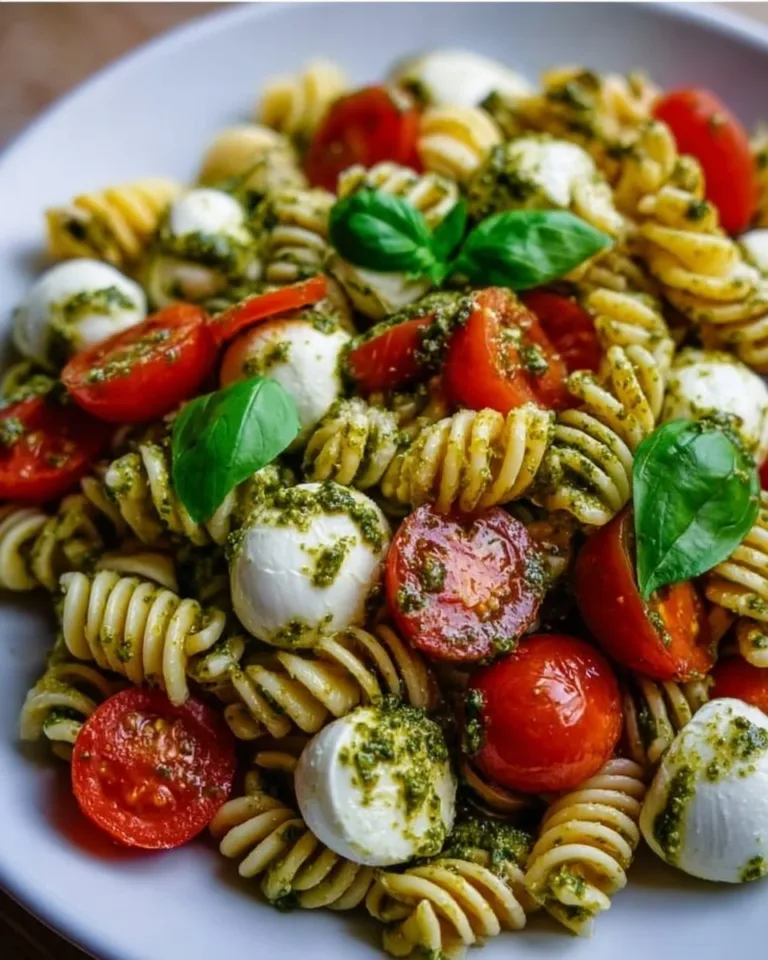 Delicious Pesto Caprese Pasta Salad with fresh mozzarella, tomatoes, and basil