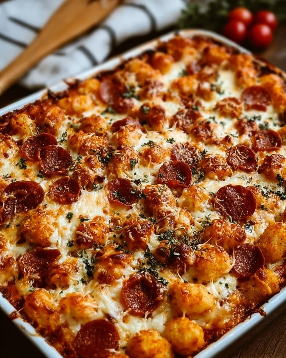 Delicious Pizza Tot Casserole topped with cheese and pepperoni.