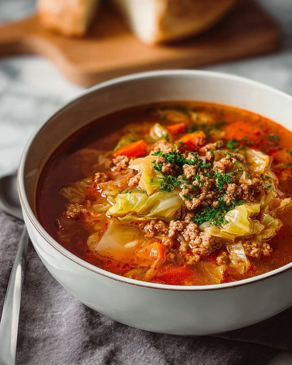 Bowl of Quick Cabbage Roll Soup with Ground Turkey, garnished with herbs.