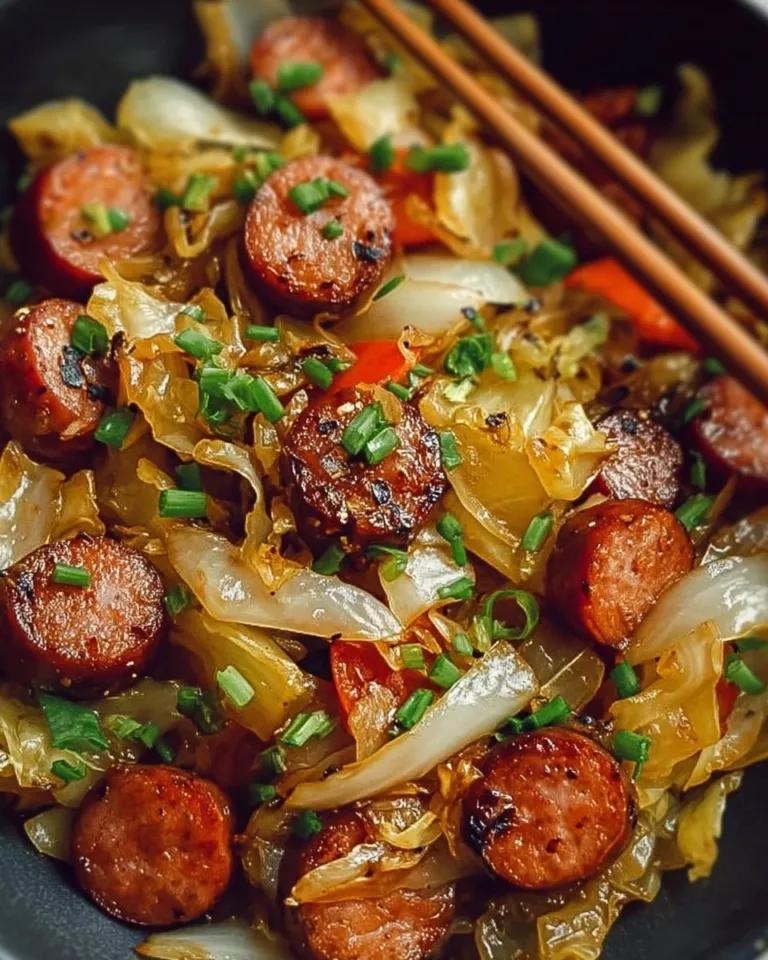 Colorful sausage cabbage stir fry with veggies in a pan