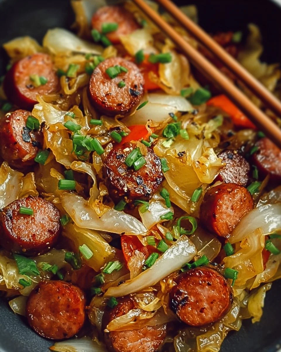 Colorful sausage cabbage stir fry with veggies in a pan
