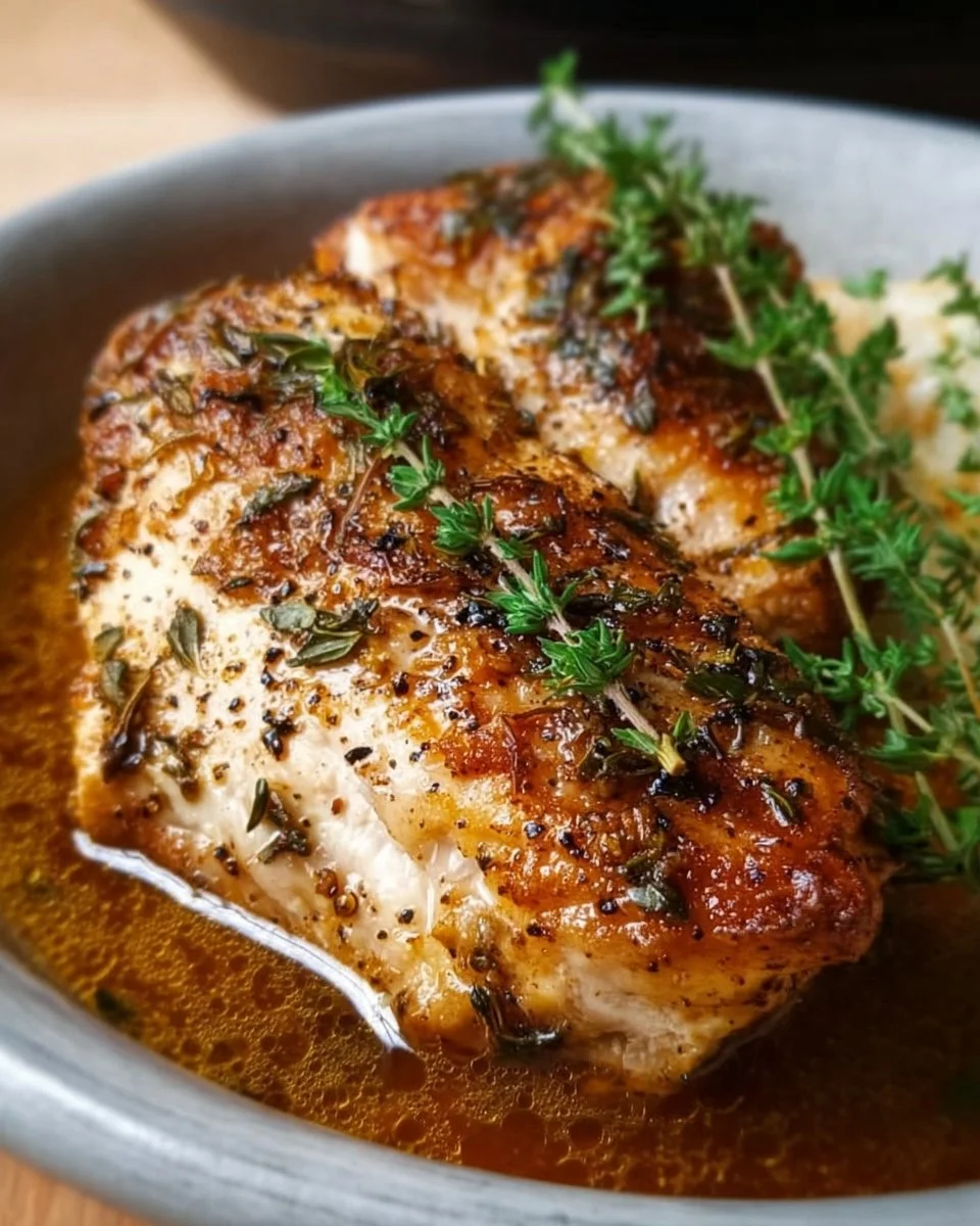 Slow cooker chicken breast with herbs and spices in a dish
