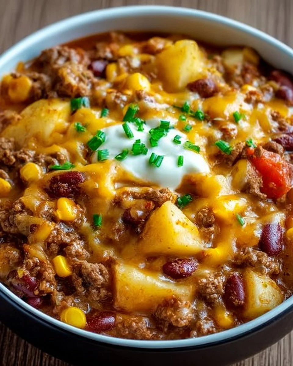 Delicious Slow Cooker Cowboy Casserole with beef, beans, and cheese