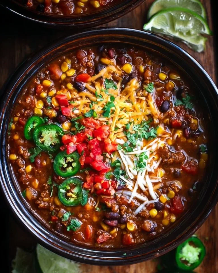 Bowl of Slow Cooker Lentil Taco Chili topped with fresh herbs and avocado.