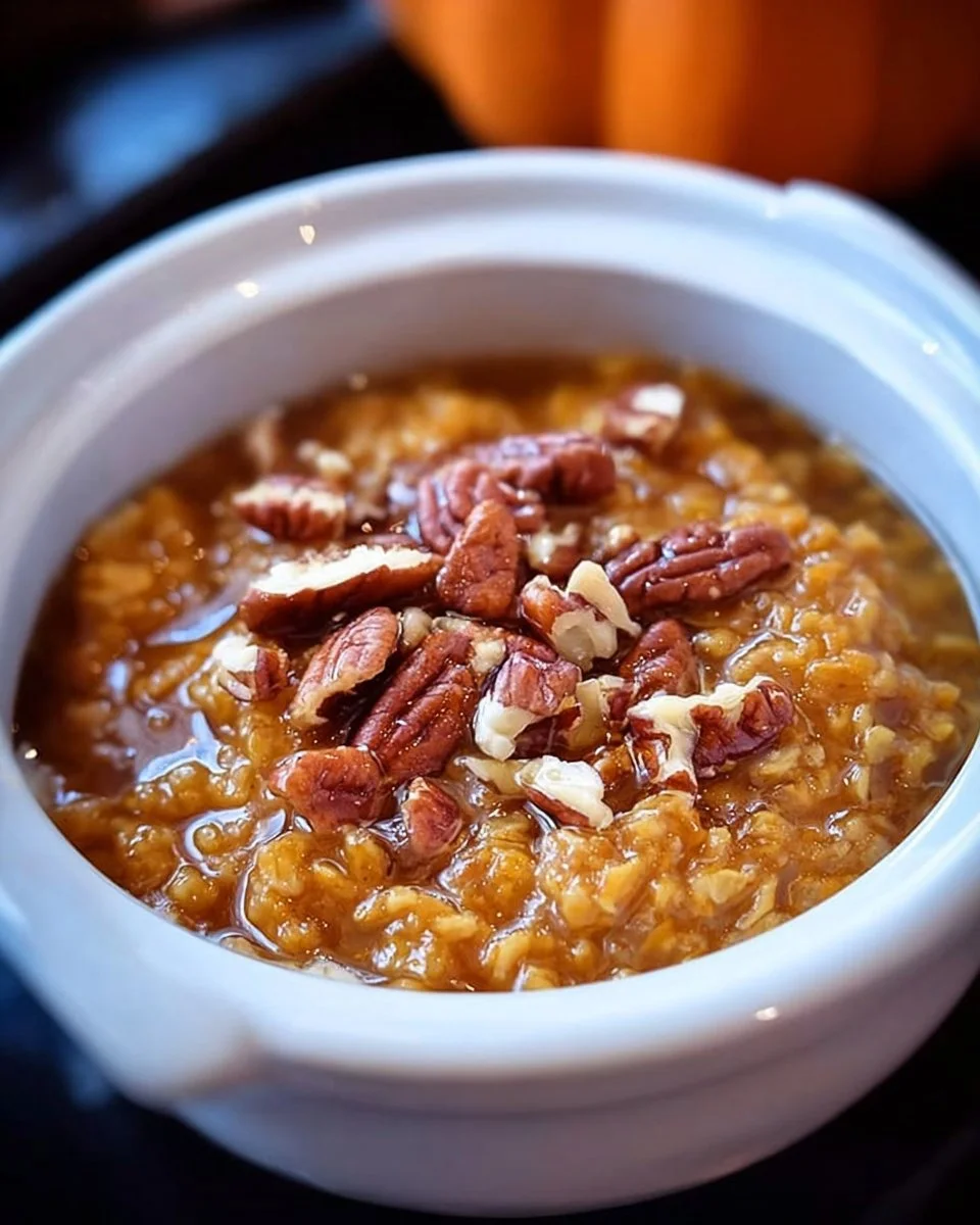 Bowl of slow cooker pumpkin pie oatmeal topped with spices and pumpkin seeds.