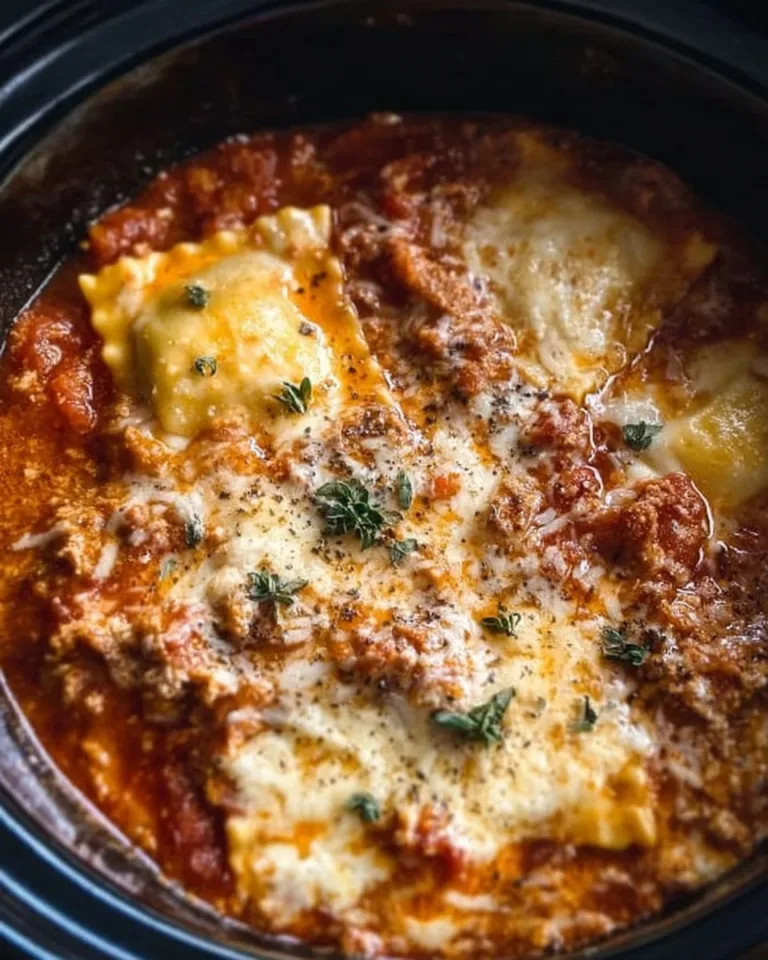 Slow Cooker Ravioli Lasagna ready to serve in a dish