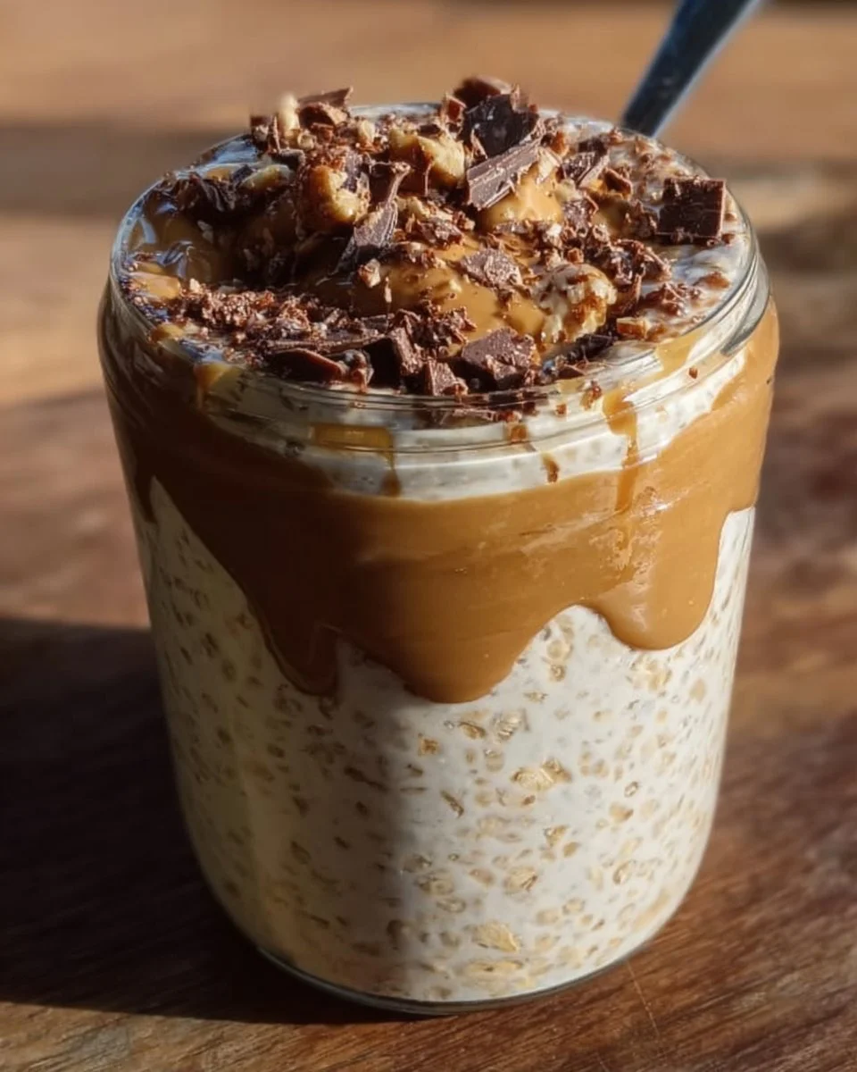 Bowl of Snickers flavored overnight oats topped with nuts and chocolate drizzle