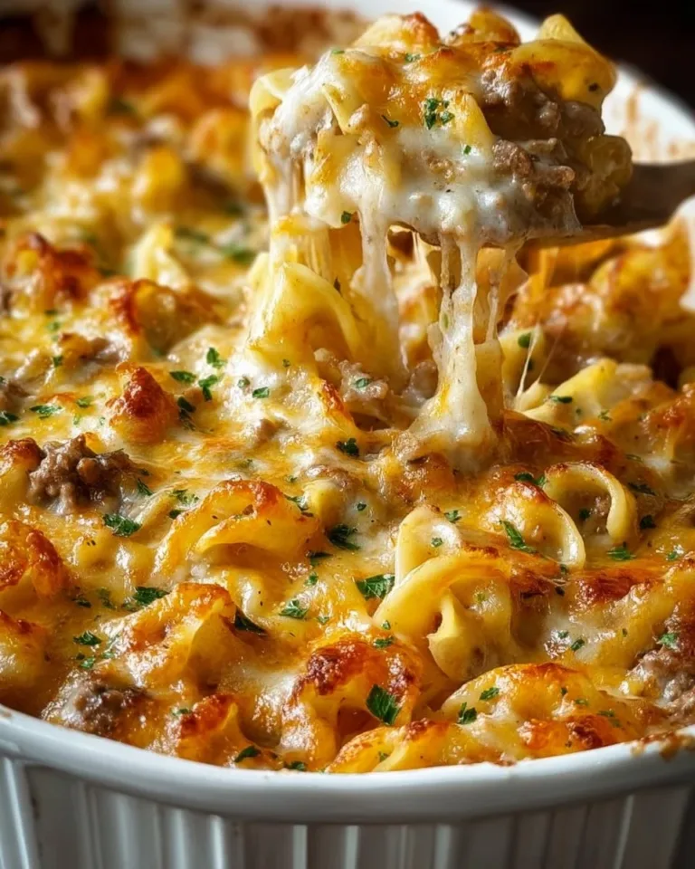 Sour Cream Beef Noodle Casserole baked in a dish with cheese and herbs