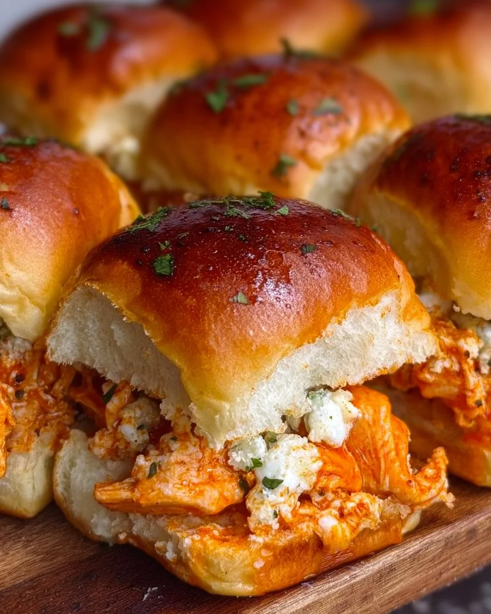 Spicy Buffalo chicken sliders served on a platter